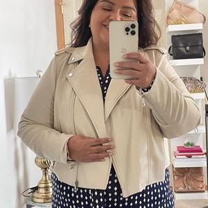 Eloquii faux leather moto jacket in bone